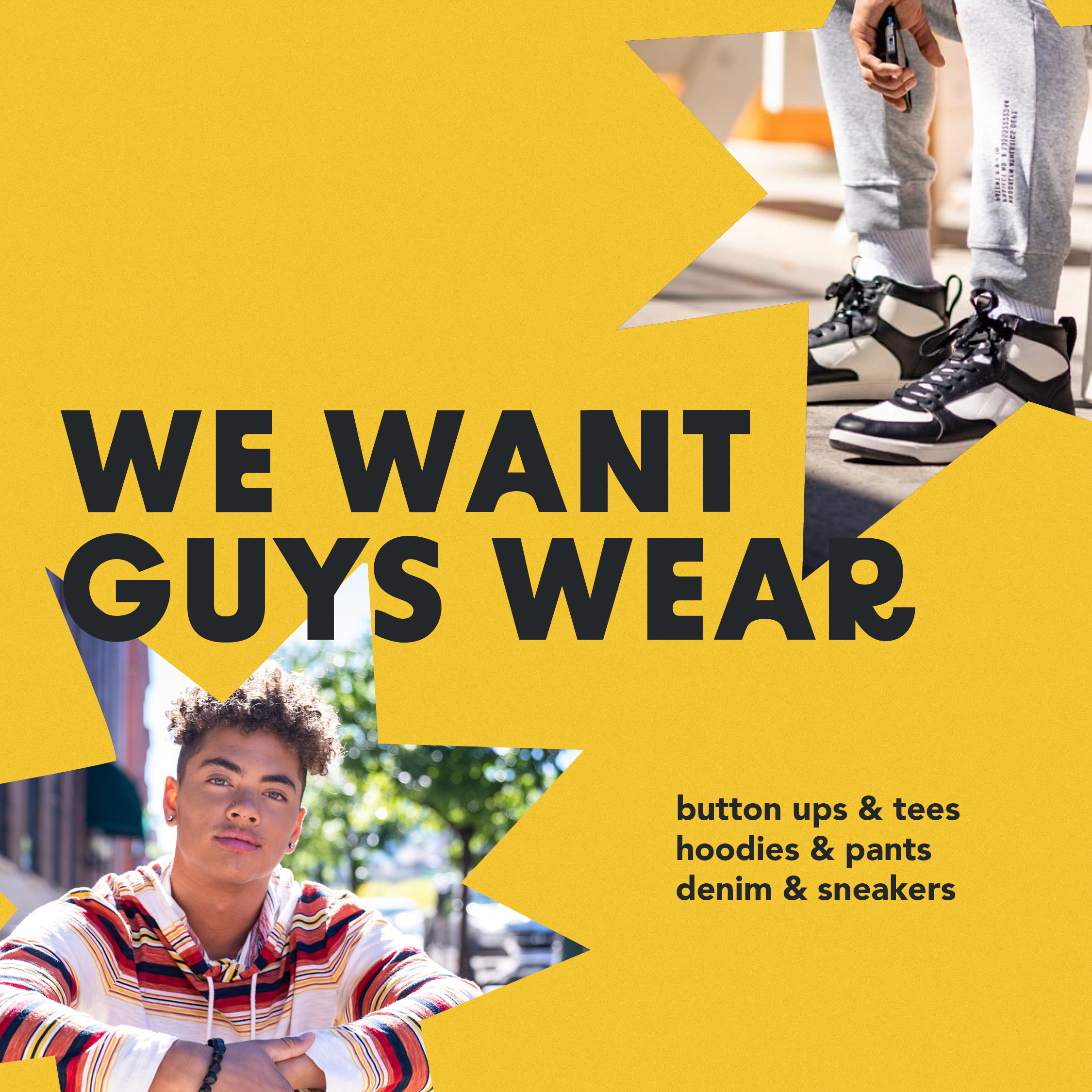 twenty something smiling guys in trendy clothes